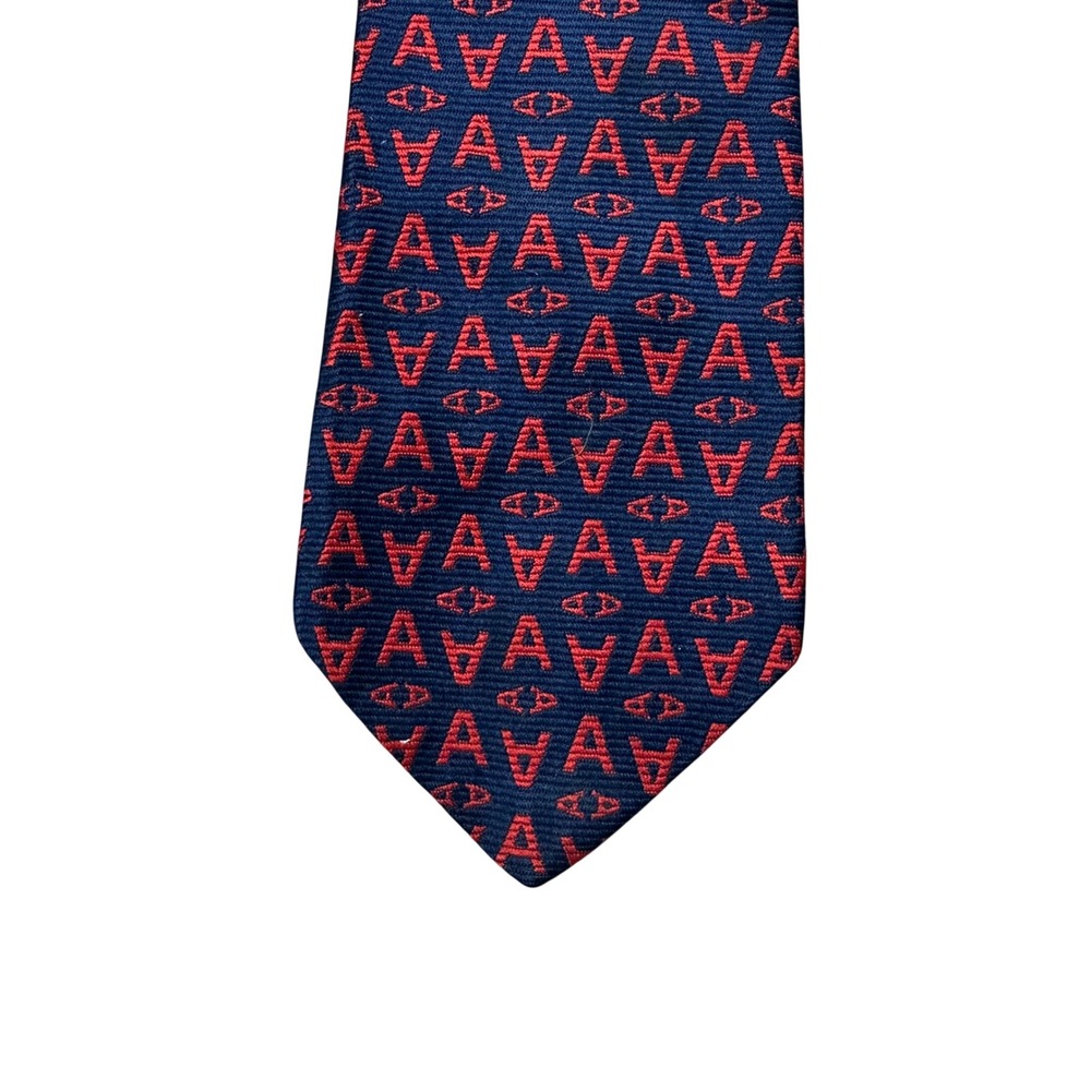 David Hicks Vintage Silk Tie Navy Blue Red Geometric Monogram Logo Pattern